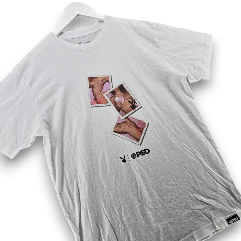 PSD x Playboy Mens Med White T Shirt Cotton Graphic Polaroid Print Short Sleeve